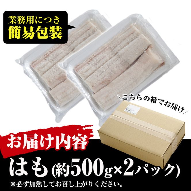 ＜訳あり・業務用＞加熱用はも(計約1kg・約500g×2パック)魚介 国産 ハモ 鱧 湯引き 天ぷら しゃぶしゃぶ 骨切り済 宮崎県 門川町【MR-2】【株式会社マルユウ水産】