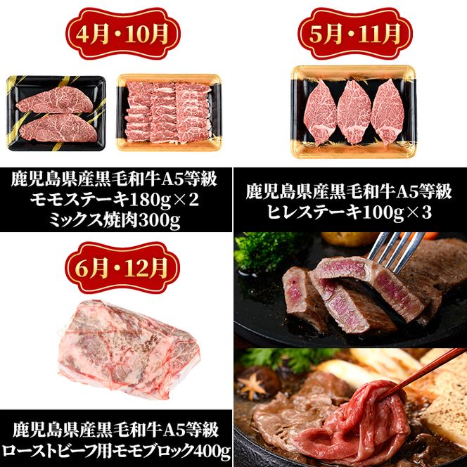 a899 《定期便全6回》A5等級！鹿児島県産黒毛和牛「お肉の宝石箱」ロースステーキ・ヒレステーキ・すきやき・しゃぶしゃぶ・ローストビーフ用ブロック(計3.4kg超)【水迫畜産】姶良市 国産 鹿児島産 お肉 肉 牛肉 スライス 薄切り 冷凍 肉定期便