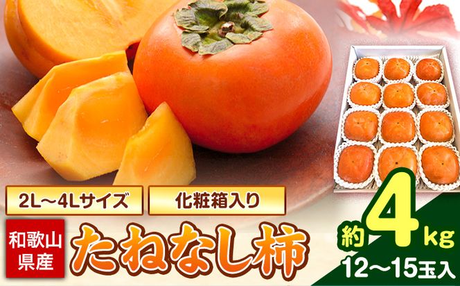 【先行予約】【秋の味覚】和歌山産のたねなし柿2L〜4Lサイズ約4kg（化粧箱入り）《10月上旬-11月下旬頃出荷予定》 和歌山県 日高町 かき 種なし---wsh_gsk24_ab1011_24_17000_4kg---