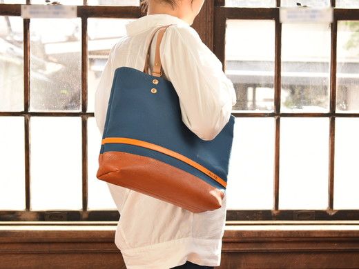 ハンドメイド　八幡帆布鞄トートバッグ・名入れ可能　Lサイズ　琵琶湖ブルー【CC02SM1】