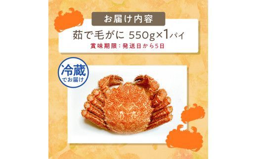 【予約：2026年3月下旬から順次発送】【旬の浜ゆで毛ガニを冷蔵便で】オホーツク海産 浜茹で海明け毛がに 約550g×1パイ 冷蔵 ( かに 蟹 魚介類 海鮮 )【114-0027-2026】