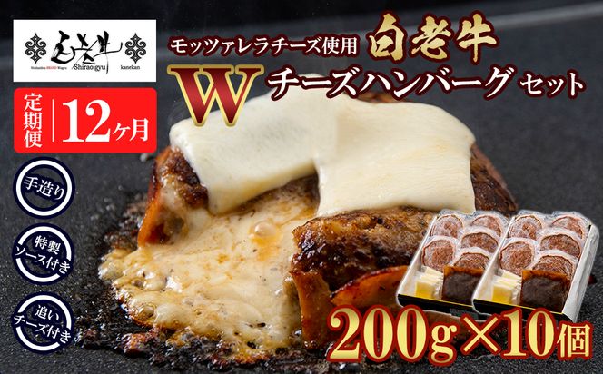 定期便12カ月 お楽しみ 白老牛 Ｗチーズ ハンバーグ セット 10個 モッツァレラ 特製ソース ベーコン 手造り BY093