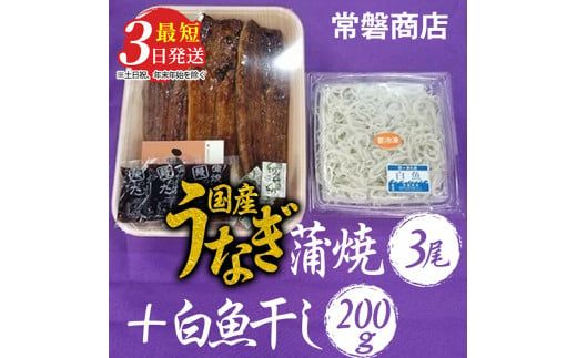 国産うなぎ蒲焼3尾+白魚干し200g【最短3日発送】 ※沖縄・離島への配送不可