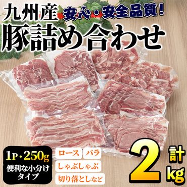 豚肉詰め合わせ(計2kg・1パック250g) 国産 九州産 小分け 個包装 真空パック 定期便 鍋 冷凍配送 ぶた肉 ポーク セット 詰め合わせ ロースしゃぶしゃぶ 肩ロース生姜焼き 豚バラスライス こま切れ【三九】a-14-24