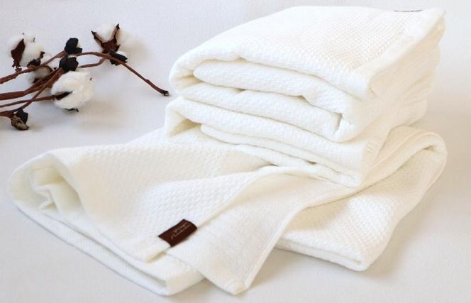 G1934 【ソフトハニカム】泉州南部織 バスタオル3枚セット（ホワイト）+ソフトハニカム織ハーフハンカチ1枚