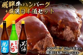 7-7　飛騨牛 ハンバーグ120g×6個入り　+　厳選日本酒720ml×3本【0026-062】