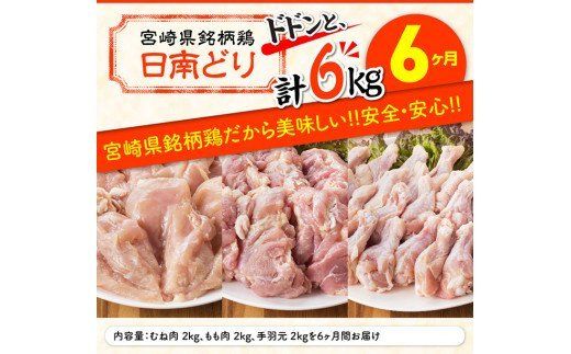 【6ヶ月定期便】宮崎県産若鶏　日南どり　もも肉＆むね肉＆手羽元　計6kg（各2㎏×1） 【 ふるさと納税 鶏肉 鶏 若鶏 もも むね 手羽元 セット 宮崎県産 川南町 おうち時間 おうちごはん 定期便 送料無料 】 [C05310t6]