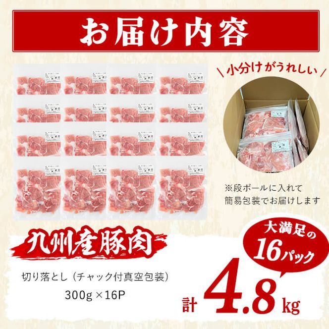 【訳あり・生産者応援企画】九州産 豚切り落とし肉＜計4.8kg(300g×16P)＞ a6-051