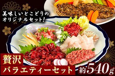 贅沢バラエティセット 540g 千興ファーム 馬肉 冷凍 [60日以内に出荷予定(土日祝除く)] 新鮮 さばきたて 生食用 肉 熊本県御船町 馬刺し 馬肉 惣菜 希少部位---sm_fsenzibr_60d_23_13500_540g---