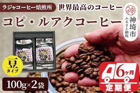 ジャコウネコ珈琲　コピ・ルアク 100g×2袋 合計200g【6回定期便】【最高級 幻のコーヒー】(H070107)