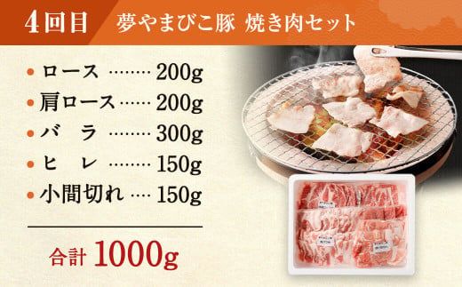 【4回定期便 ( 3ヶ月に1回) 】夢やまびこ豚 鍋セット (ロース･肩ロース･バラ･モモ) ×2回 焼肉セット(ロース･肩ロース･バラ･ヒレ･小間切れ) ×2回 燻Kemuru 芋けんぴ付き 合計4kg