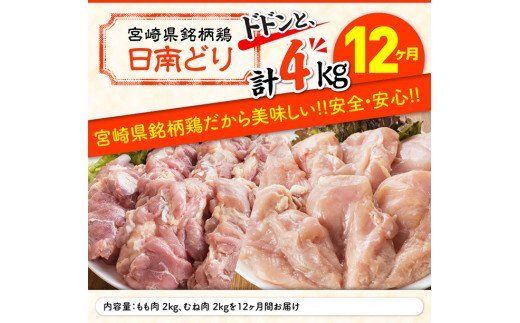 日南どり もも肉 2kg ＆ むね肉 2kg セット 計４kg 【12ヶ月定期便】 [G5313]