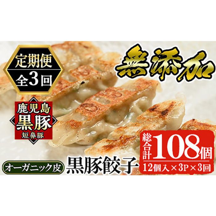 a879 [定期便全3回]鹿児島黒豚「短鼻豚」無添加餃子(オーガニック皮)セット計108個(36個×3回)[鹿児島ますや]姶良市 ギョーザ 餃子 無添加 惣菜 おかず おつまみ 冷凍 黒豚 国産野菜 ぎょうざ