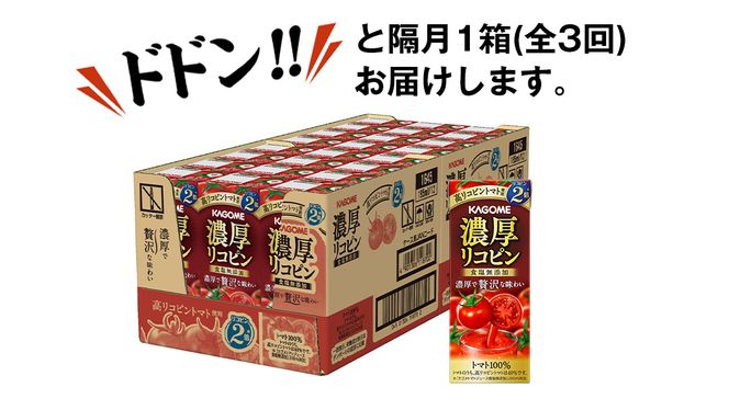 【 全3回 隔月 定期便 】 カゴメ 濃厚リコピン 食塩無添加 トマトジュース 195ml × 24本 カゴメトマトジュース KAGOME トマト ジュース 紙パック 食塩 無添加 無塩 トマト100％ 頒布会 数量限定 [DA062us]