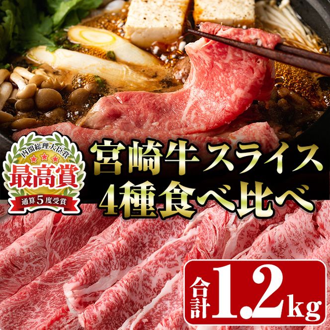 宮崎牛4種食べ比べスライス(合計1.2kg) 牛肉 もも 肉  焼肉 肩ロース ウデ バラ スライス すき焼き しゃぶしゃぶ 鍋  精肉 お取り寄せ 黒毛和牛 ブランド和牛 冷凍 国産【R-87】【ミヤチク】