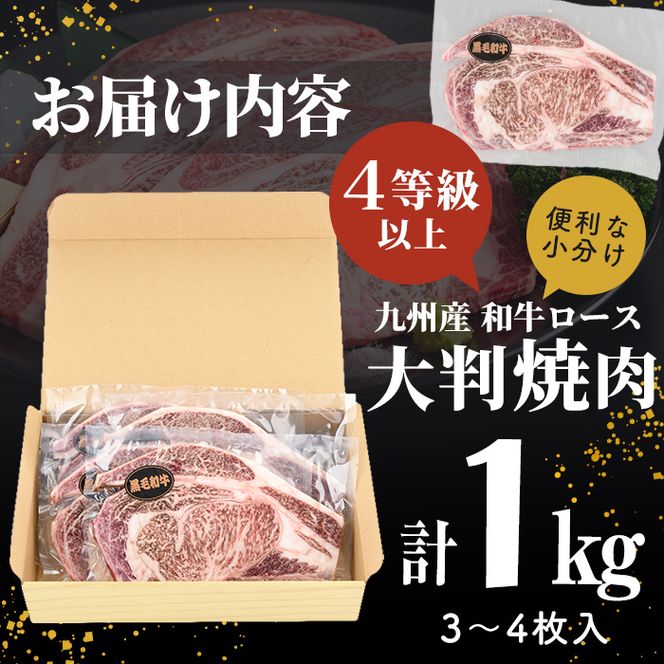 【訳あり】復刻！4等級以上 九州産和牛ロース大判焼肉(計1kg・3枚～4枚) a7-009