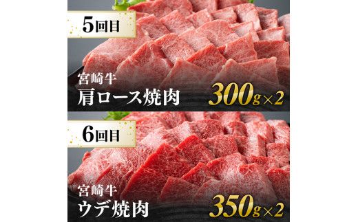 【6ヶ月定期便】宮崎牛焼肉定期便 全6回【 肉 牛肉 国産 宮崎県産 宮崎牛 黒毛和牛 和牛 焼肉 4等級 A4ランク 肩ロース ウデ モモ 】 [E11132t6]