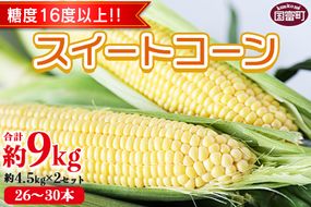 数量限定【2026年発送】＜宮崎県産 スイートコーン 約9kg（約4.5kg×2箱）＞2026年5月下旬～6月中旬迄に順次出荷【 先行予約 穀物 野菜 甘い 季節限定 とうもろこし おやつ ご飯 スープ サラダ BBQ 屋台 】【a0451_ja】