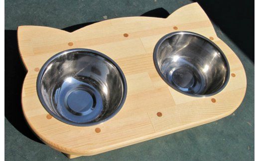 099H2188 手作り木製 2椀付きペット用食器・水飲み