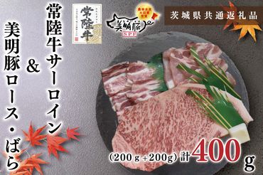 KCK-34【茨城県共通返礼品】【常陸牛A5ランク・美明豚ステーキ焼肉セット】常陸牛サーロイン200ｇ＋美明豚200ｇ（ロース100ｇ・ばら100ｇ）