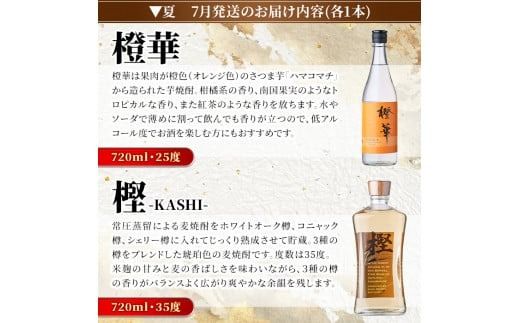 ＜定期便・全4回(4月・7月・10月・1月)＞鹿児島本格芋焼酎や麦焼酎(合計8本・各2本×4回)黄麹鶴見 緋扇 橙華 樫 白濁鶴見 かぶと莫祢氏 かぶと鶴見 鶴見 酒 お酒 アルコール 水割り ソーダ割 ロック【大石酒造】a-72-2