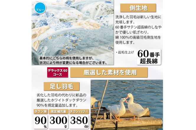 リフレッシュ 羽毛布団 掛け布団 シングル リフォーム クリーニング 布団洗浄 仕立て直し デラックス【ホワイトダックダウン90％ 60サテン超長綿 青 柄おまかせ】 布団打ち直し 布団リフォーム リフレッシュサービス 布団 羽毛 ふとん ダウン ダウンケット 羽毛ぶとん 打ち直し 抗菌防臭 [川村羽毛 山梨県 韮崎市 20743588]