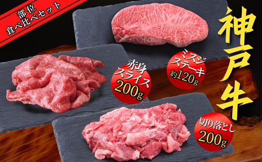 神戸牛 部位食べ比べセット 計約1.2kg（赤身スライス200g、赤身焼肉200g、バラ焼肉200g、切り落とし200g、角切り250g、ミスジステーキ120g）35000円 67-10