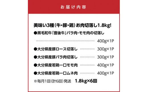 毎月お届け！美味い3種のお肉切落し1.8kg定期便/計6回発送_2165R-M