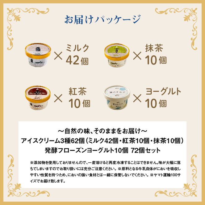 【無添加】北海道 アイスクリーム3種×62個（ミルク・紅茶・抹茶）とフローズンヨーグルト×10個セット【11076】