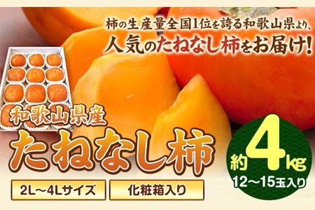 先行予約[秋の味覚]和歌山 産 の たねなし 柿 2L〜4Lサイズ 約 4kg(化粧箱入り)厳選館[2026年10月上旬-11月上旬頃出荷]和歌山県 日高川町 柿 カキ かき ジューシー フルーツ たねなし---wshg_tmt253_10j11j_25_16000_4kg---