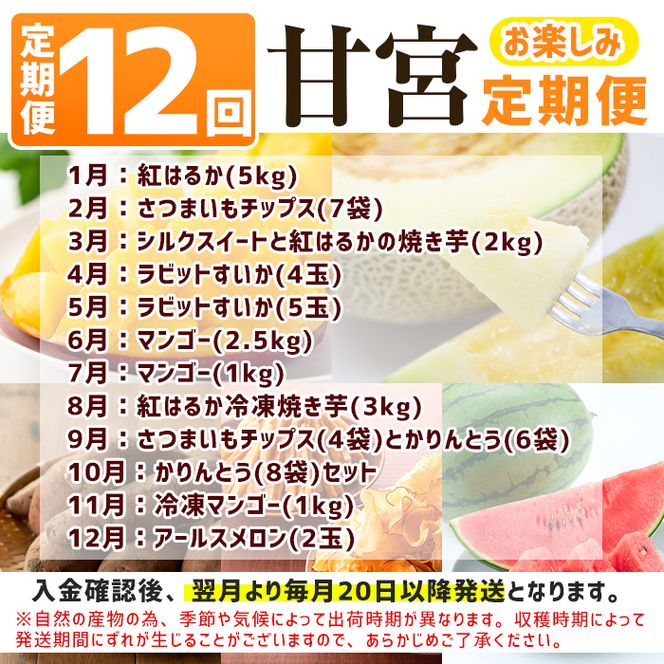 【200891】＜定期便・全12回(連続)＞東串良町の甘宮のバラエティ定期便(マンゴーやさつまいも、スイカ、メロンやお菓子など)【甘宮】
