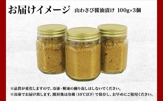 1915. 山わさび醤油漬け 100g 3瓶 薬味 辛味 調味料 ワサビ 山葵 手づくり ホースラディッシュ おかず ご飯のお供 お取り寄せ グルメ gift ギフト 送料無料 北海道 弟子屈町