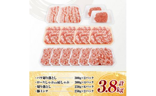 宮崎県産豚肉 4種 3.8kg 【 豚肉 豚 肉 宮崎県産 セット 切り落とし しゃぶしゃぶ ミンチ 送料無料 】[C11619]