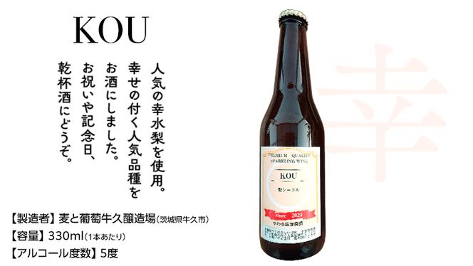 つくばみらい市産の 梨 を使った スパークリングワイン 「 KOU 」 2本 入 ワイン シードル お酒 酒 果実酒 フルーツ 果物 なし [CZ04-NT]