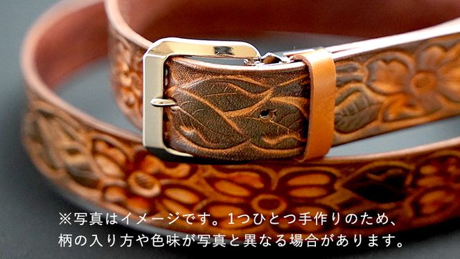 【 数量限定 】 牛革ベルト （花柄・焦茶かすれ染め） 【太さ30mm、厚さ3mm、長さ120cm】 牛革 牛 革 皮 ベルト 手作り ハンドメイド 花柄 [BE021ya]