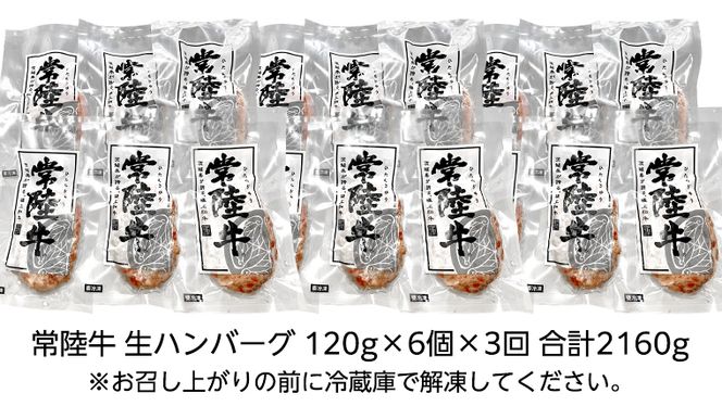 【茨城県共通返礼品】【３ヶ月定期便】 黒毛和牛 常陸牛 100% 特製 プレミアム 生ハンバーグ 120g×6個入り 合計720g 八千代町産 白菜 使用 無添加 無着色 保存料不使用 冷凍 牛 牛肉 ビーフ 生 ハンバーグ こだわり [AU054ya]
