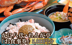 「お食事」で使える利用券5,000円分！ 海鮮 ランチ 昼食 お祝い カニ かに カニ 蟹 イカ 白いか 香住ガニ 松葉がに グルメ 食べ物 誕生日 ギフト券 プレゼント 食事券 母の日 父の日 旅行 返礼品 お礼の品 兵庫県 香美町 香住 かに八代 れんが亭 日本海フーズ 07-99