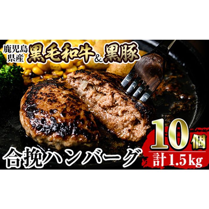 a842 黒毛和牛&黒豚合挽ハンバーグ計1.5kg(150g×10個)(トレー無しSDGs)[水迫畜産]姶良市 国産 合挽きハンバーグ