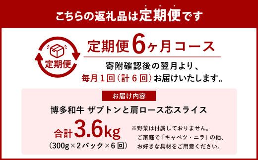 【6回定期便】博多和牛 ザブトンと肩ロース芯スライス しゃぶしゃぶ・すき焼き用 約300g×2パック×6回 計約3.6kg 牛肉 肉 スライス 九州産 福岡県産 冷凍