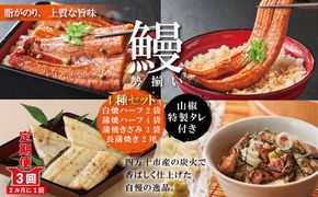 R6-633．【3回定期便】＜四万十食品＞うなぎ三昧　長尾2尾＋ハーフ4袋＋きざみ3袋＋白焼ハーフ2袋【2ヵ月に1回　計3回お届け】