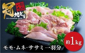 0C1-135 おおいた冠地どり一羽分のモモ・ムネ・ささみ肉（1kg前後）