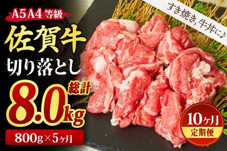 【10回定期便】佐賀牛 贅沢 切り落とし 800g（合計8kg）【すき焼き 牛丼 A5 A4 期間限定 希少 国産和牛 牛肉 肉 牛】(H085187)