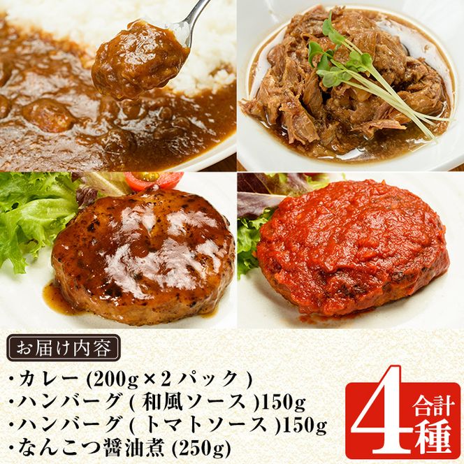 a443 鹿児島黒豚無添加総菜セット(4種)無添加にこだわるカレーや冷凍ハンバーグ、なんこつ醤油煮が楽しめる簡単おかず詰め合わせ【鹿児島ますや】