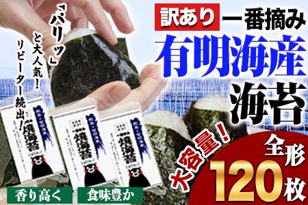 海苔 訳あり 一番摘み 有明海産 海苔 120枚 熊本県産(有明海産)全形 40枚入り×3袋 小分け [45日以内に出荷予定(土日祝除く)]---fn_nw1nor03_45d_r7_19000_120mai---