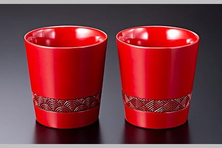 E4019 村上木彫堆朱　フリーカップ2個セット青海波