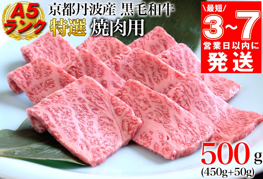 [7営業日以内発送]訳あり 京都産黒毛和牛 特選 A5ランク 焼肉 用 500g(通常450g+50g) 京の肉 ひら山 厳選 | 和牛 牛肉 京都肉 国産 丹波産 冷凍 ふるさと納税牛肉