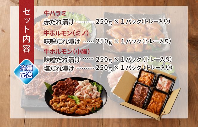 010B506 たれ漬け焼肉 3種セット 合計1kg(ハラミ ミノ 小腸)