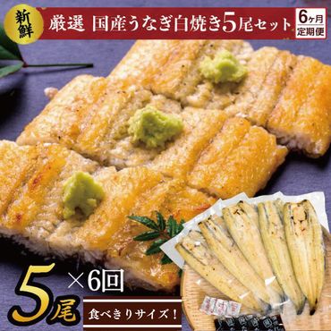 AD-54-1　【6か月定期便】食べきりサイズ！国内産うなぎの白焼（酒蒸し）5尾×6回　計3450以上