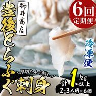 ＜定期便・全6回 (連続)＞とらふぐ刺身 (総量約1kg・2-3人用×6回) とらふぐ ふぐ フグ ふぐ刺し フグ刺し ふぐ刺身 フグ刺身 刺身 鮮魚 冷凍 養殖 国産 大分県 佐伯市【AB202】【柳井商店】