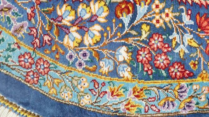 【限定1品】 ペルシャ絨毯 シルク100％ 手織り ラグマット カーペット／ 高級 玄関マットサイズ 89×61cm 高品質 じゅうたん ラグ （FS-2114) メダリオン 青 エントランスマット 寝室 書斎 和室 床暖房 ホットカーペット対応 じゅうたん ラグ 高密度 逸品 美しい マット カーペット 芸術 エレガント インテリア モダン 上質 [BP165-NT]